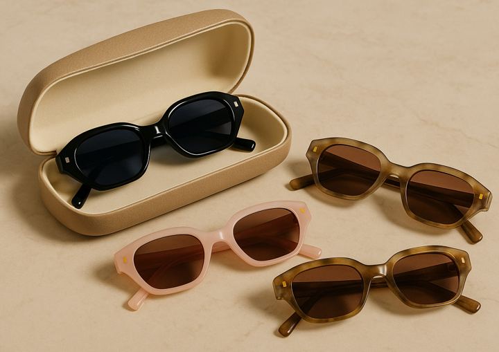 Four pairs of sunglasses with their case