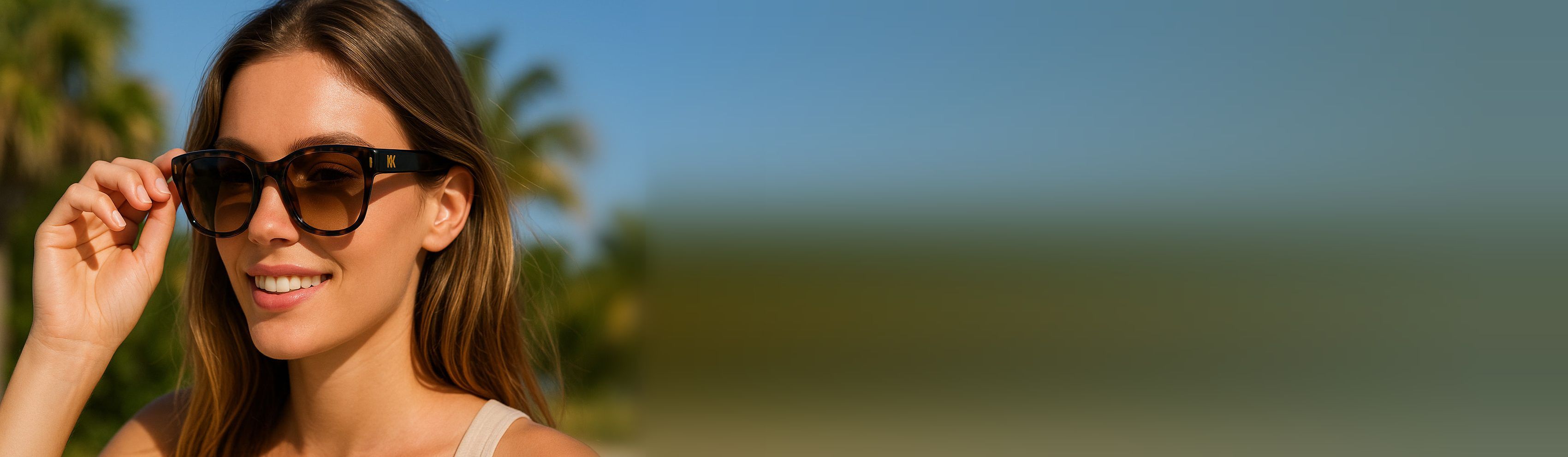 Eine lächelnde Frau mit Marie-Antoinette-Sonnenbrille unter Palmen
