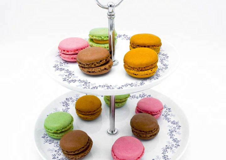 Macarons on a patterned porcelain stand