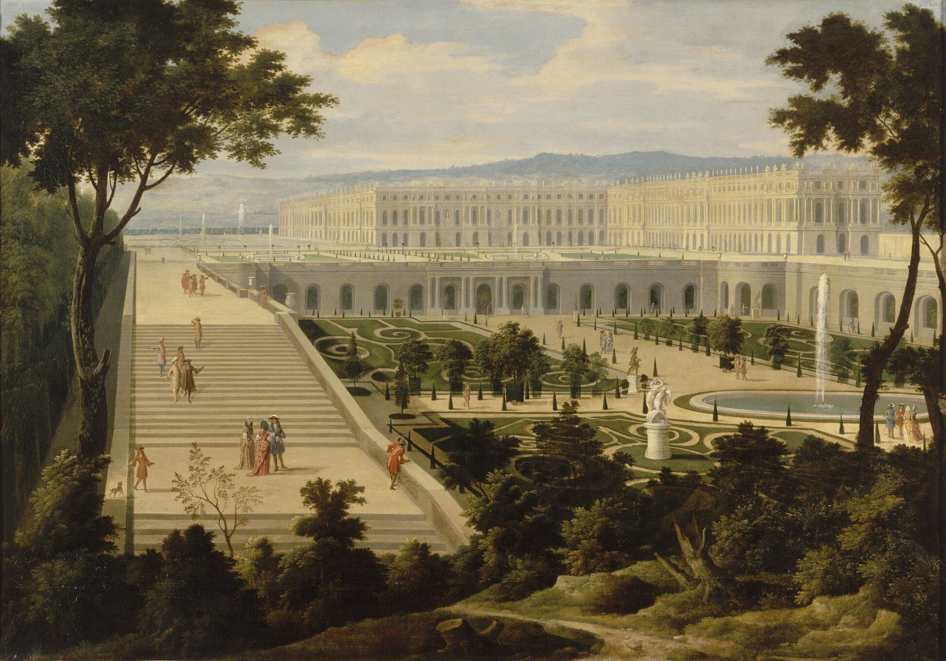 A period painting of the Orangerie and gardens of the Palace of Versailles