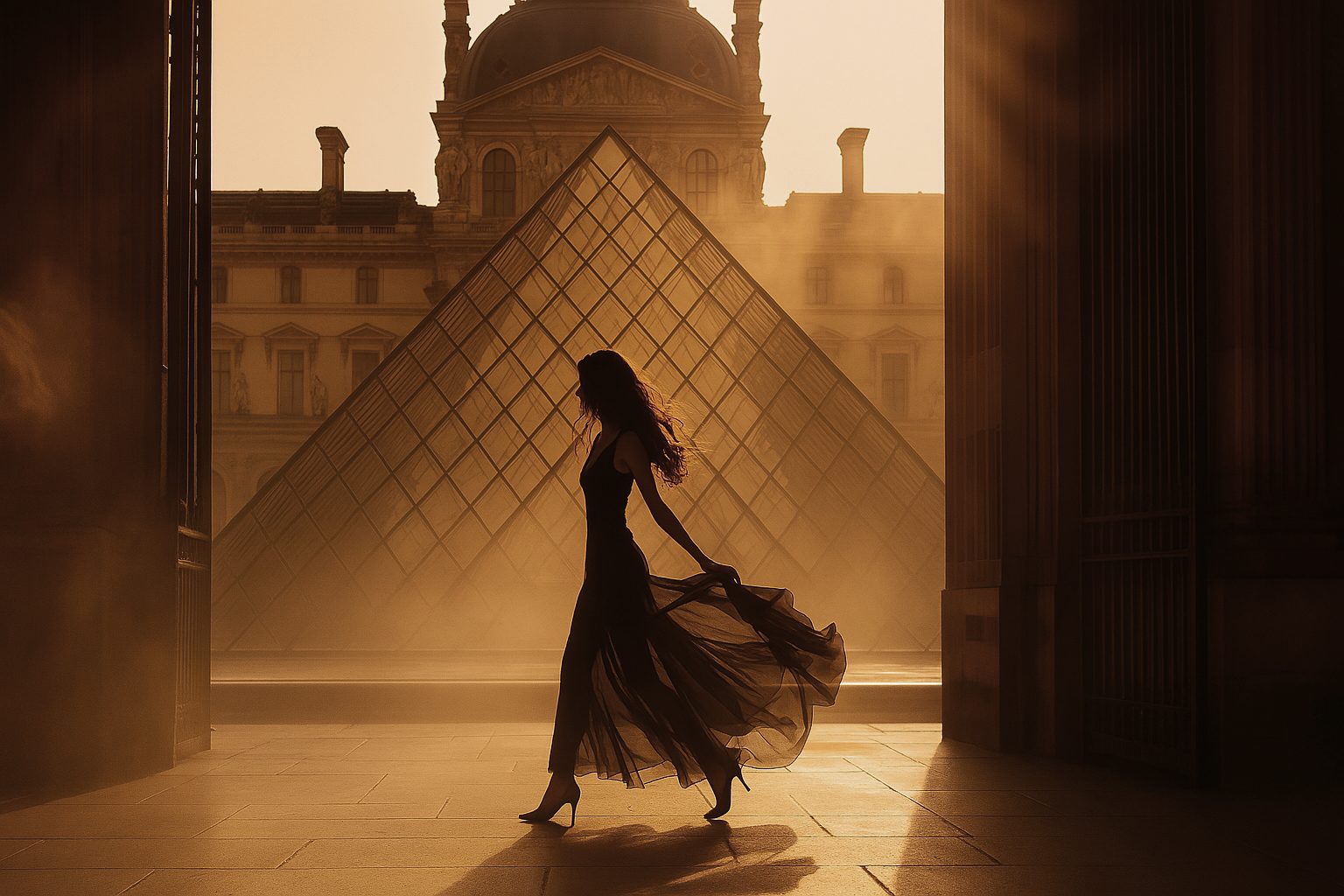 Eine Frau in einem fließenden Kleid geht bei Sonnenuntergang an der Louvre-Pyramide vorbei