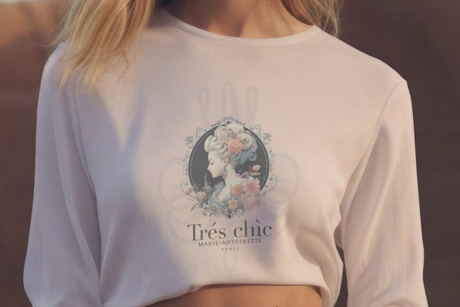 Un top con stampa Marie-Antoinette indossato con una gonna rosa cipria
