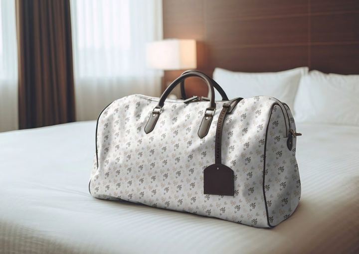 Patterned weekender bag on a hotel bed
